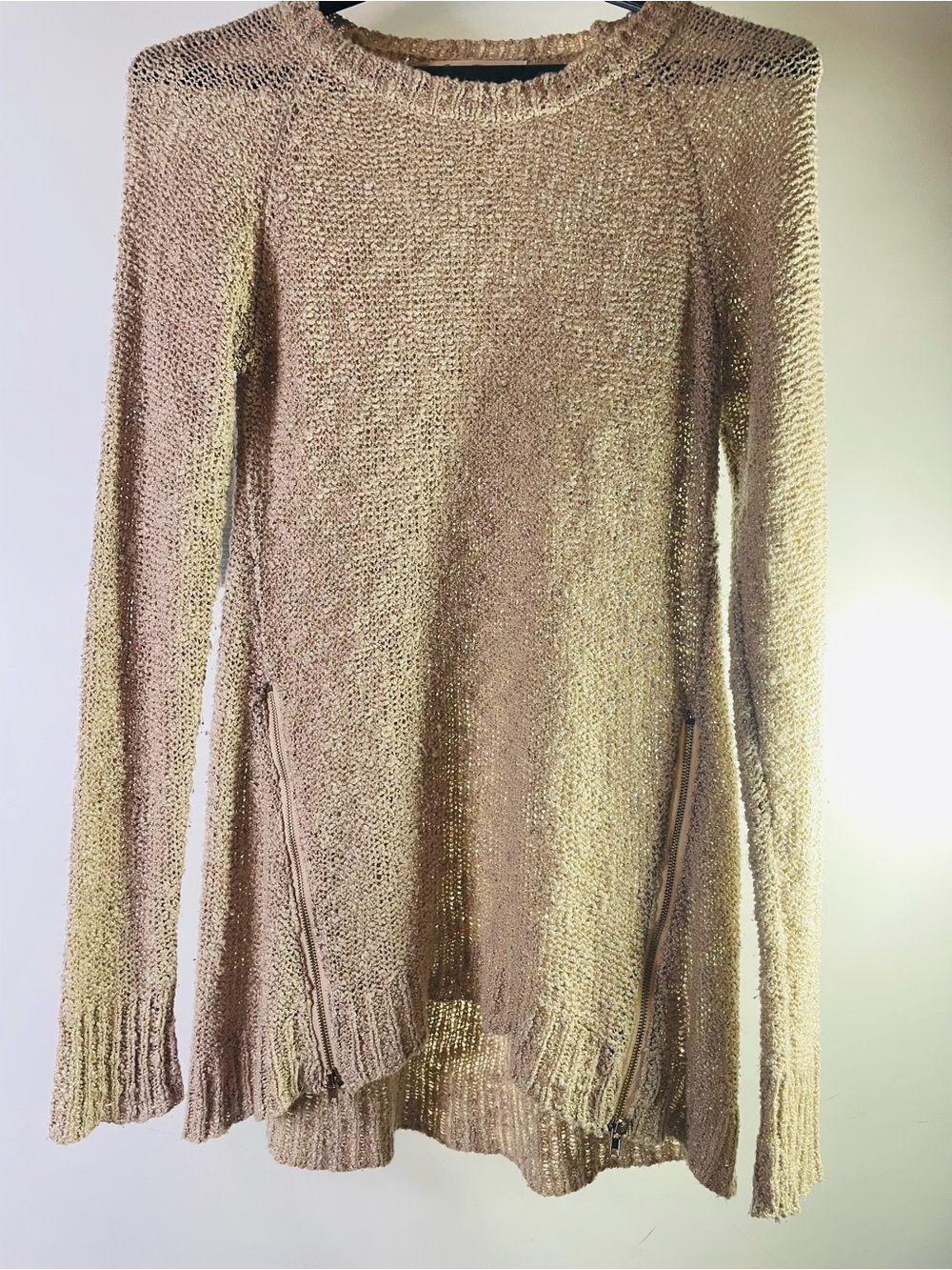 Say What? Metallic Gold Crewneck Sweater Double Zipper On Front Sides M